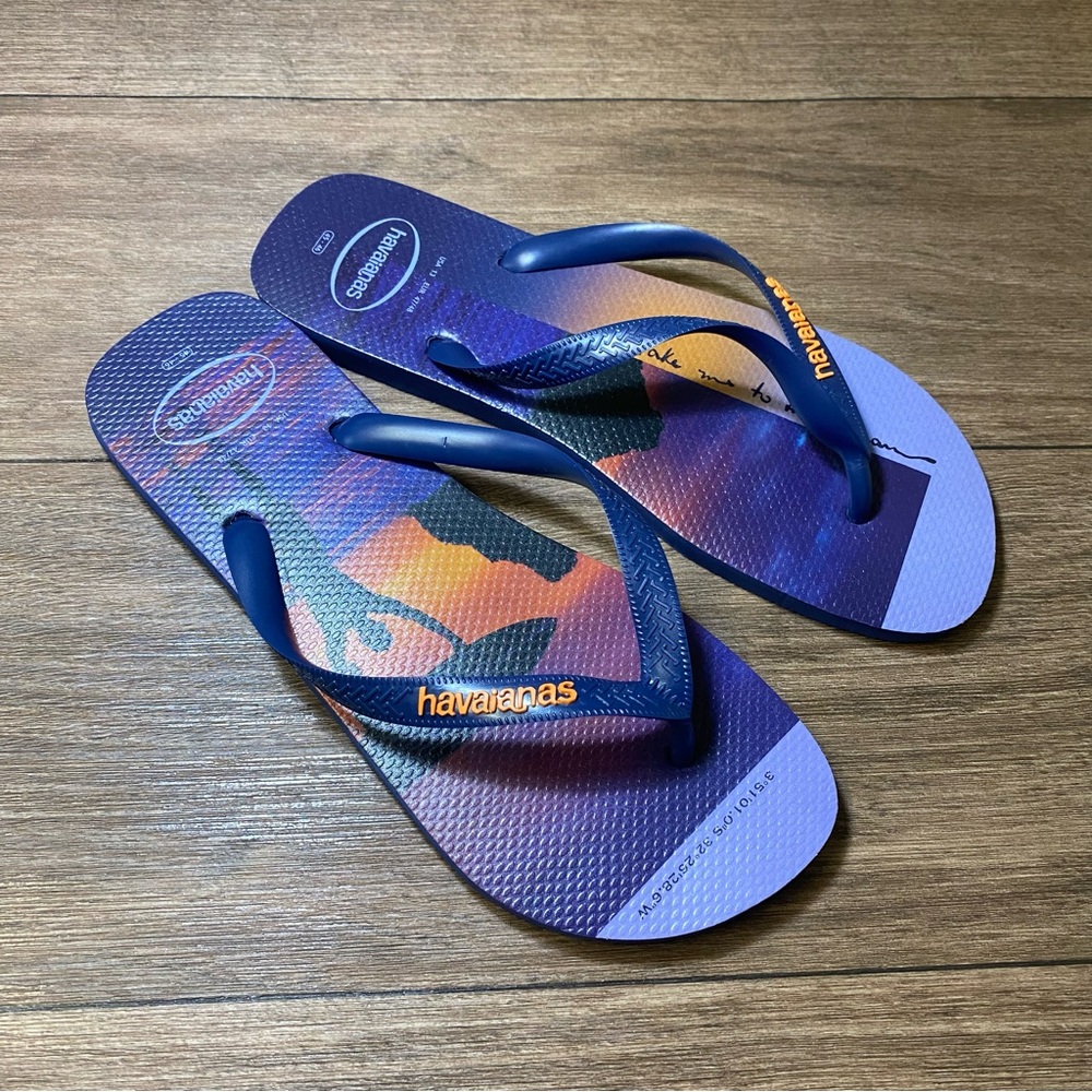 HAVAIANAS Men Surf Themed Flip Flops Navy Orange Rubber Beach Sandals Size 13 US